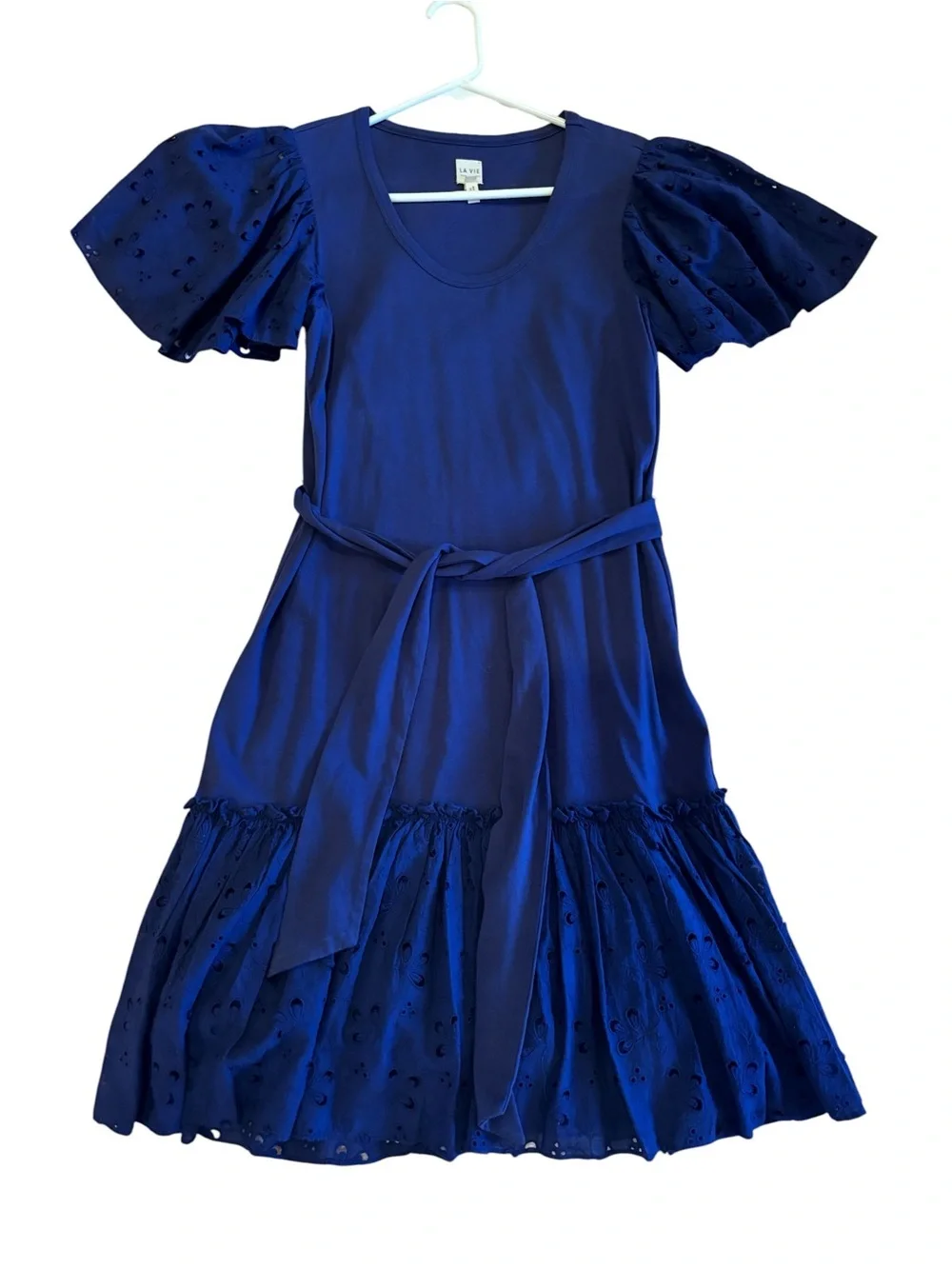 Rebecca Taylor Navy Eyelet Puff-Sleeve Dress with Tie Waist
